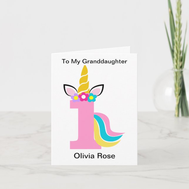 Första födelsedag Unicorn Rosa Granddotters födels Kort (Framsida)