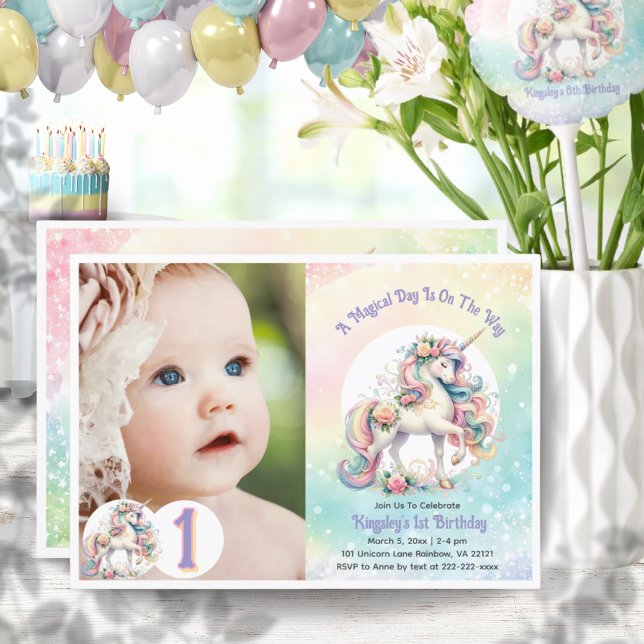 Första födelsedag Unicorn Theme Pastel Rainbow Inbjudningar (First 1st Birthday Unicorn Theme Pastel Rainbow Invitation)
