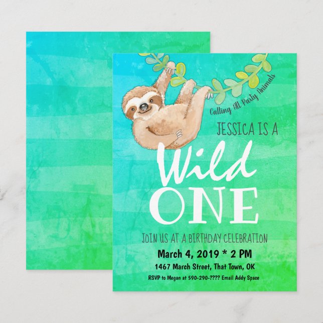 Första födelsedag Vild ett Jungle Sloth Party Inbjudningar (Fram/baksida)