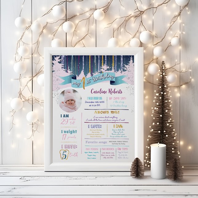 Första födelsedag: Vinterblått foto med Rosa Lila Poster (Skapare uppladdad)