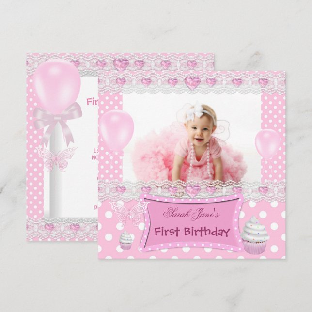 Första födelsedagen 1:a Flickan Rosa Baby Prickar Inbjudningar (Fram/baksida)