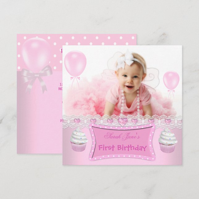 Första födelsedagen 1:a Flickan Rosa Cupcakes Baby Inbjudningar (Fram/baksida)