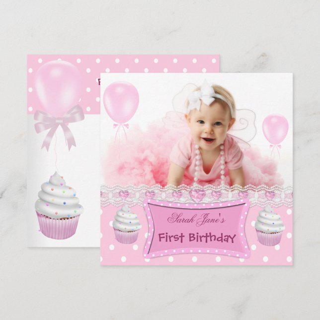 Första födelsedagen 1:a Flickan Rosa Cupcakes Bebi Inbjudningar (Fram/baksida)