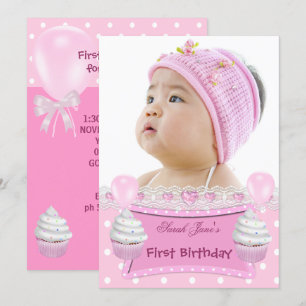 Första födelsedagen 1:a Flickan Rosa Cupcakes Bebi Inbjudningar