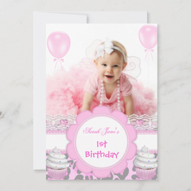 Första födelsedagen 1:a Flickas Rosa Cupcakes Baby Inbjudningar (Framsida)