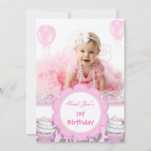 Första födelsedagen 1:a Flickas Rosa Cupcakes Baby Inbjudningar