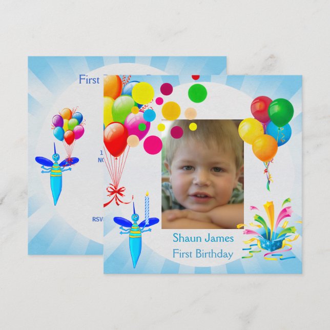 Första födelsedagen 1:a Pojke Blå Ballonger Fel Inbjudningar (Fram/baksida)