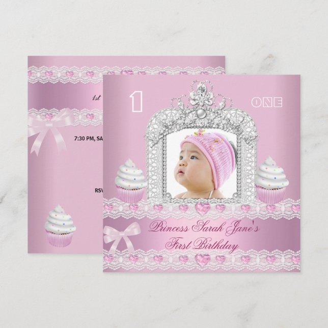 Första födelsedagen 1:a Rosan Princess Tiara Inbjudningar (Fram/baksida)