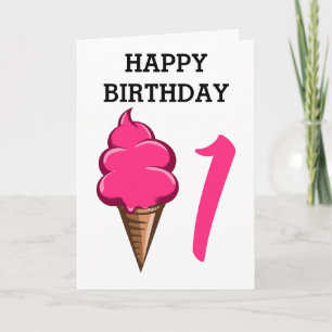 Första födelsedagen 1 år Flickls Rosa Ice kräm Kort