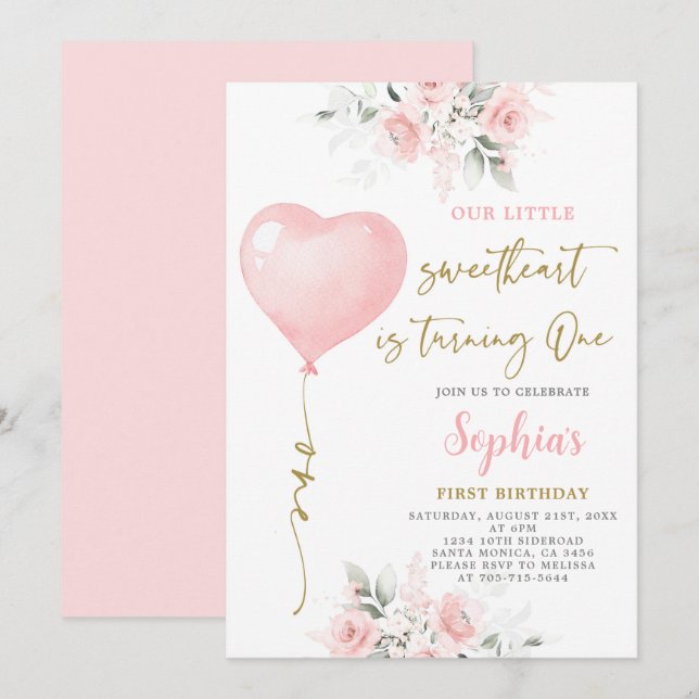 Första födelsedagen Alla hjärtans inbjudan (Fram/baksida)