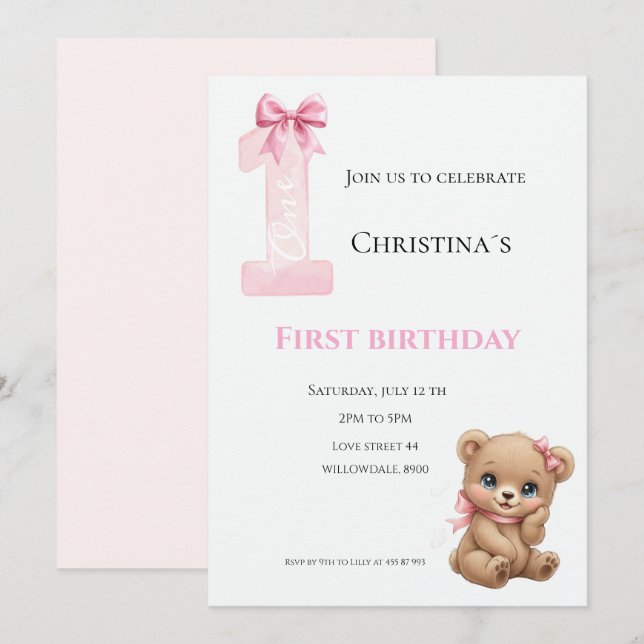 Första födelsedagen babyflicka inbjudningar (Fram/baksida)