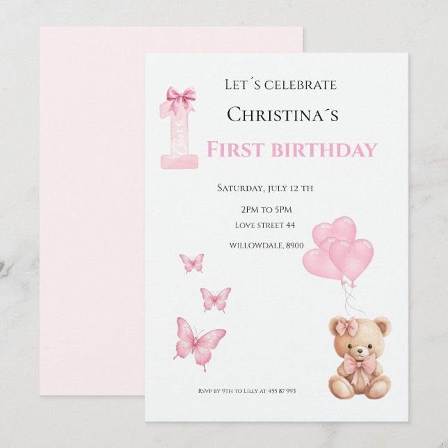 Första födelsedagen babyflicka inbjudningar (Fram/baksida)
