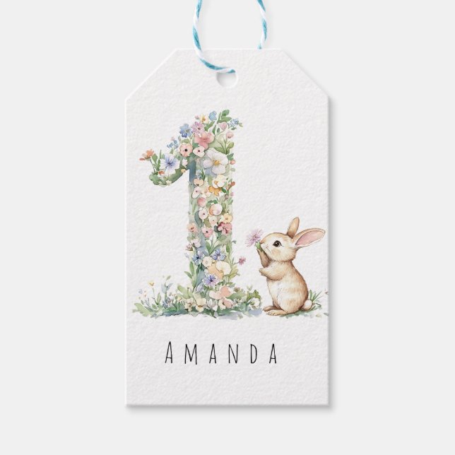 Första födelsedagen Blommande Kanin Presentetikett (Framsidan)