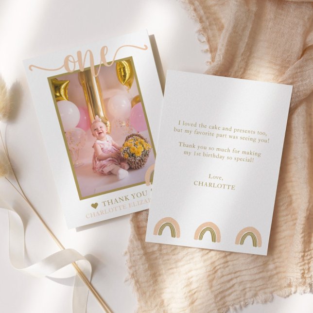 Första födelsedagen Boho Rainbow Rosa Guld Photo Tack Kort (Skapare uppladdad)