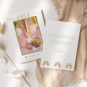 Första födelsedagen Boho regnbåge rosa guld foto Tack Kort