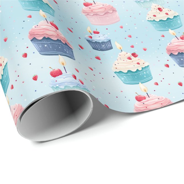 Första födelsedagen - Cakes, Candles och Strawbär  Presentpapper (Rullad Hörn)