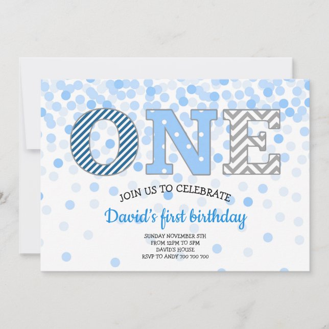Första födelsedagen En konfetti Chevron Blue-Grått Inbjudningar (Framsida)