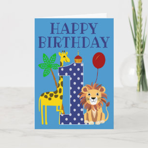 Första födelsedagen för pojke med Giraffe och Lejo Kort