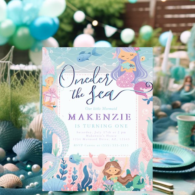 Första födelsedagen Havfröken Vykort (First Birthday Unser the sea invitations postcard.)