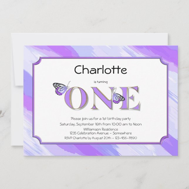 Första födelsedagen Lavender och Guld med Rand Inbjudningar (Framsida)