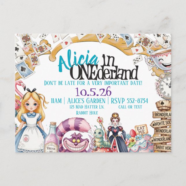 Första födelsedagen ONEderland Wonderland Theme In Meddelande Vykort (Framsida)