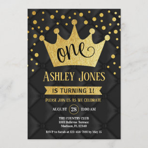 Första födelsedagen Party - Royalet Black Guld Inbjudningar