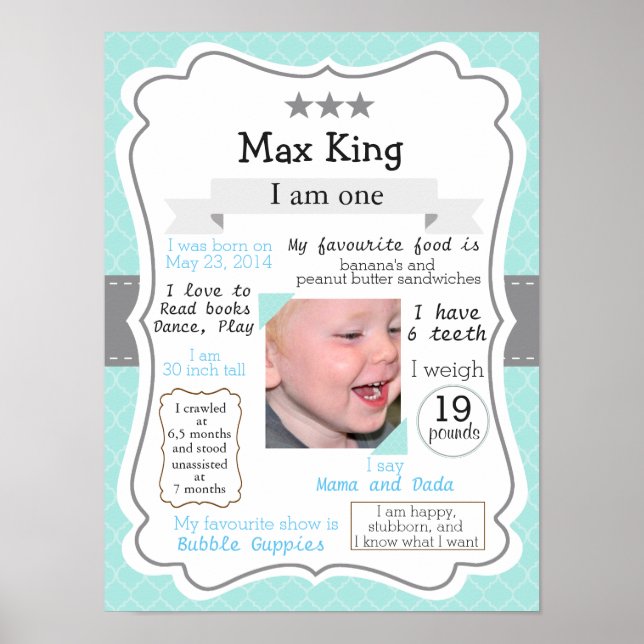 Första födelsedagen poster, blå för en pojke poster (Framsidan)