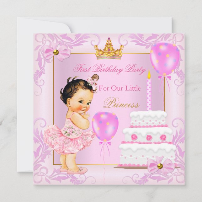 Första födelsedagen Princess Tiara Girl Rosa Brune Inbjudningar (Framsida)