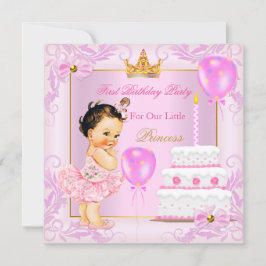 Första födelsedagen Princess Tiara Girl Rosa Brune Inbjudningar