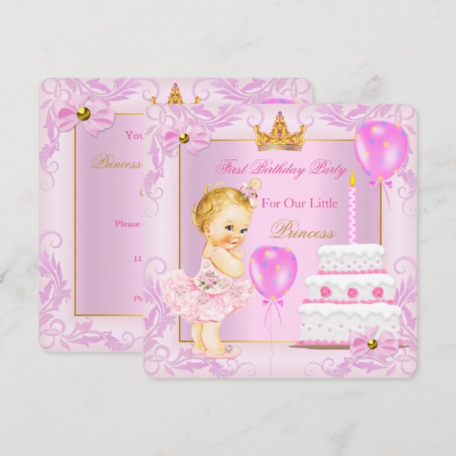 Första födelsedagen Prinsessa Tiara Flicka Rosa Bl Inbjudningar (Fram/baksida)