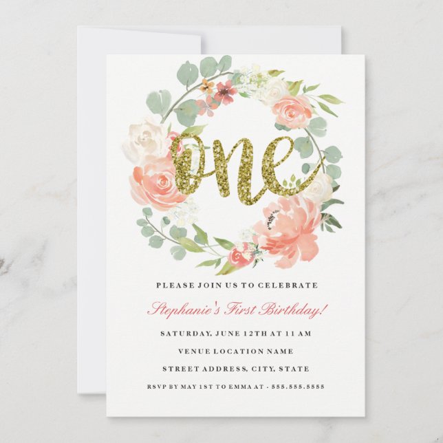 Första födelsedagen Rosa Guld Blommigt Utandningsi Inbjudningar (Framsida)