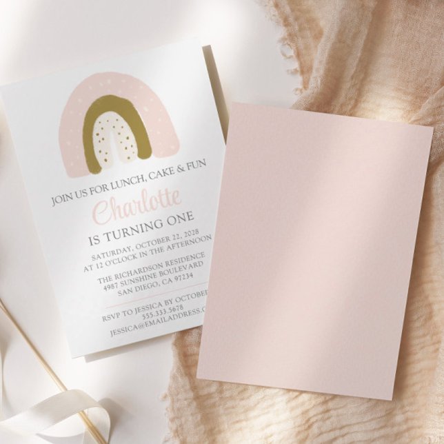 Första födelsedagen Rosa Guld Pastel Rainbow Inbjudningar (Skapare uppladdad)