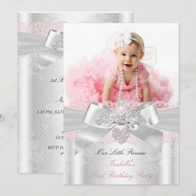 Första födelsedagen Rosa Vit Spets Diamant Tiara Inbjudningar (Fram/baksida)