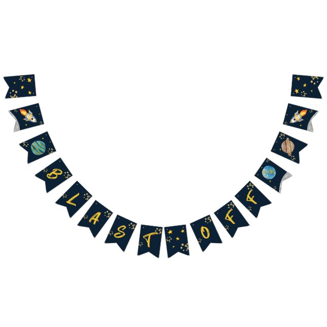 FÖRSTA FÖDELSEDAGEN, RYMDDAG, BLAST OFF GIFT-MÄRKR VIMPLAR (Alla)