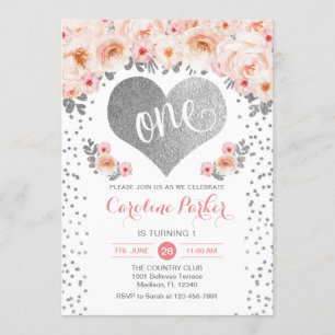 Första födelsedagen - Silver Heart White Rosa Blom Inbjudningar