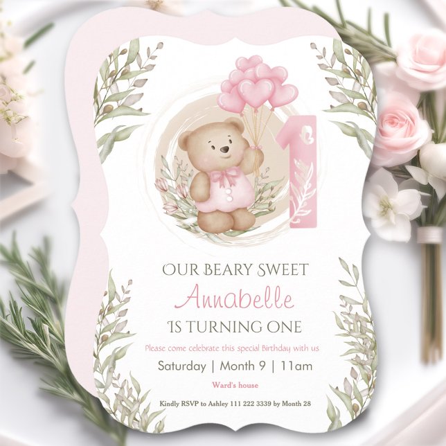 Första födelsedagen Söt teddybjörn Hjärtballonger Inbjudningar (First Birthday Cute Teddy Bear Heart Balloons Invitation)
