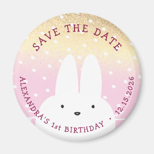 Första födelsedagen Spara datum Winter Bunny Rosa Magnet