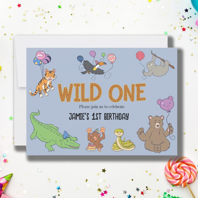 Första födelsedagen Vild ett ungle Safari-djur Inbjudningar (Wild one 1st birthday invitation. Blue jungle safari animals with balloons.)