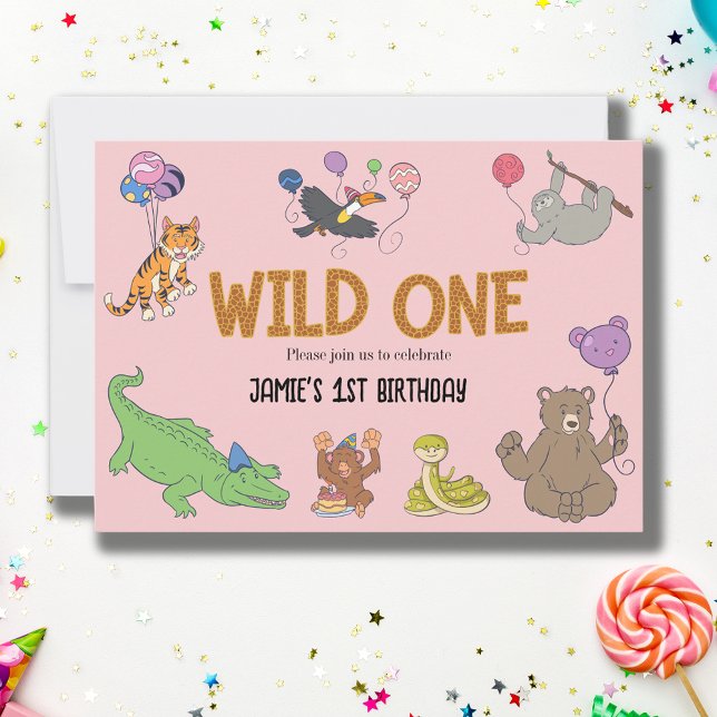 Första födelsedagen Vild ett ungle Safari-djur Inbjudningar (Wild one 1st birthday pink safari jungle birthday invitation.)