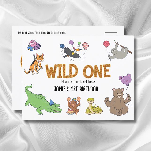Första födelsedagen Vild ett ungle Safari-djur Vykort (Wild one 1st birthday invitation postcard.)