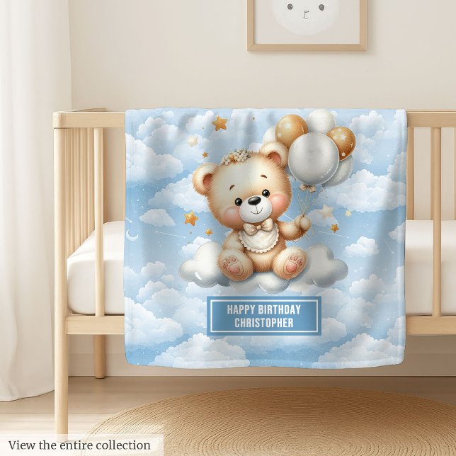 Första födelsedagetäcken med monogram namn fleecefilt (First birthday teddy blanket with monogram name)