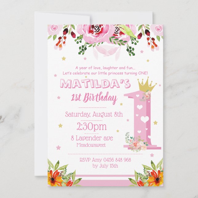 Första födelsedagPrincess Flicka Blommigt Blomma Inbjudningar (Framsida)