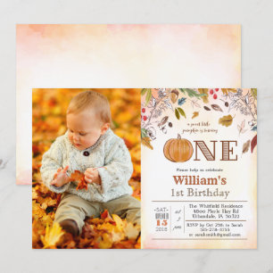 Första födelsedags pumpa rustika löv inbjudan