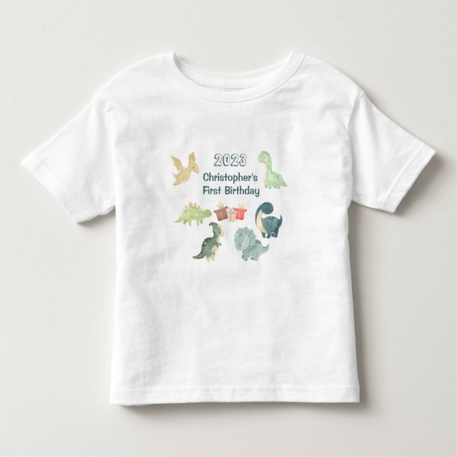 Första födelsedagsbarn Söt dinosaurie Akvarell Vit T Shirt (Framsida)