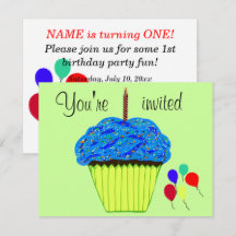 Första födelsedagsblå Cupcake Ballonger Inbjudan