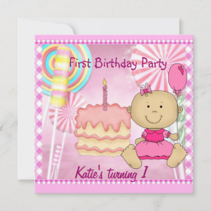 Första födelsedagsfest Barn Flickas Rosa Tårta Inbjudningar