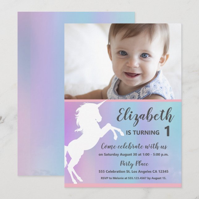 Första födelsedagsfest för Unicornbabyfoto Inbjudningar (Fram/baksida)