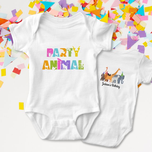 Första Födelsedagsfesten Animal Safari White Bodyk T Shirt (Party Animal First Birthday Bodysuit One Piece for Baby's Wild One First Birthday)