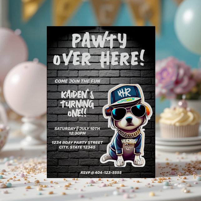 första Födelsedagsfesten av Hund-brickan i hip hop Inbjudningar (Hip Hop Puppy Dog Brick Wall First Birthday Party Invitation
)