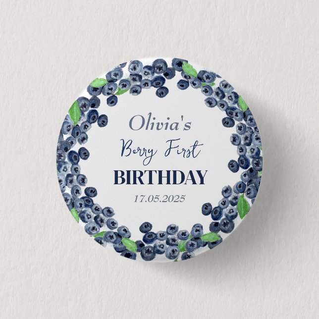 Första Födelsedagsfesten Blåbär Flicka Knapp (Framsida)